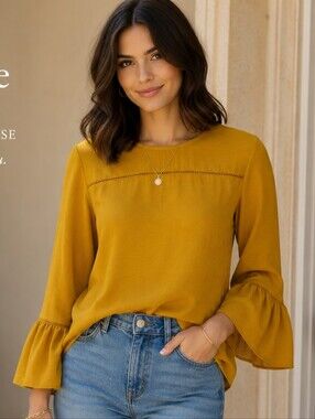 BRODY MYLES Ocher Flared ruffed sleeves  Blouse Sz L  LIKE NEW